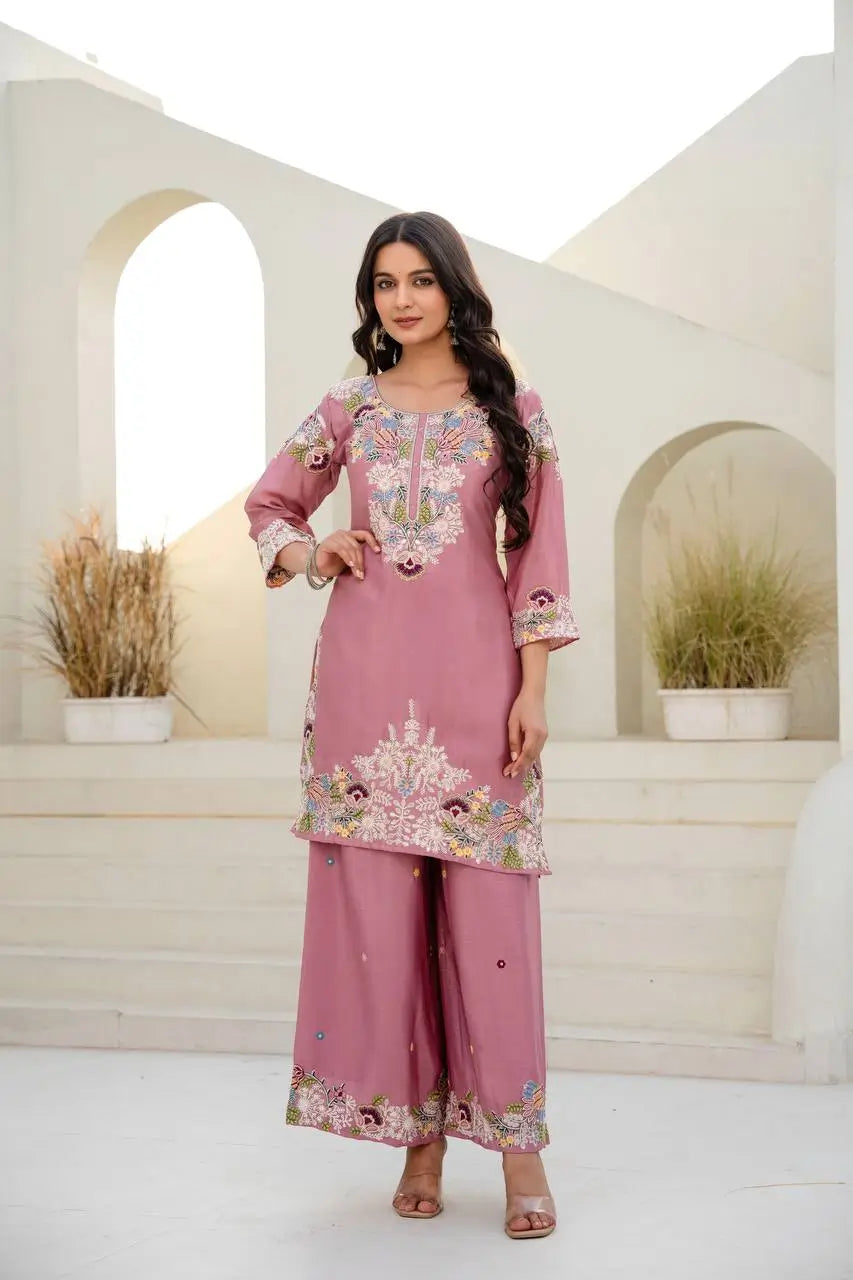 Dusty Pink & Lavender Chinon Embroidered Palazzo Suit Set with Zardosi Hand Work Dupatta