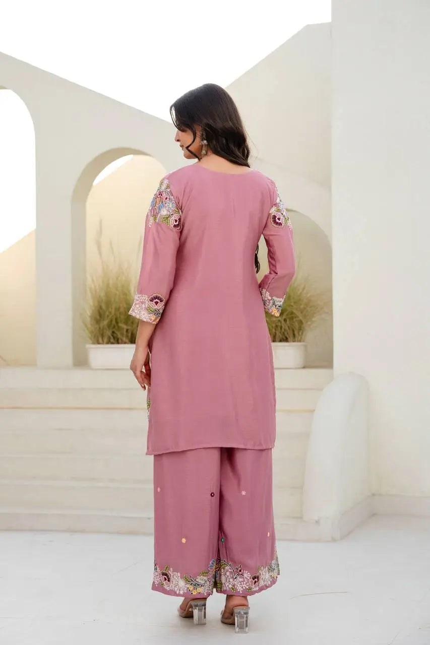 Dusty Pink & Lavender Chinon Embroidered Palazzo Suit Set with Zardosi Hand Work Dupatta