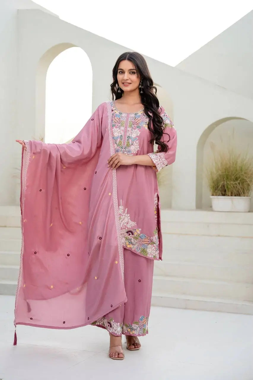 Dusty Pink & Lavender Chinon Embroidered Palazzo Suit Set with Zardosi Hand Work Dupatta