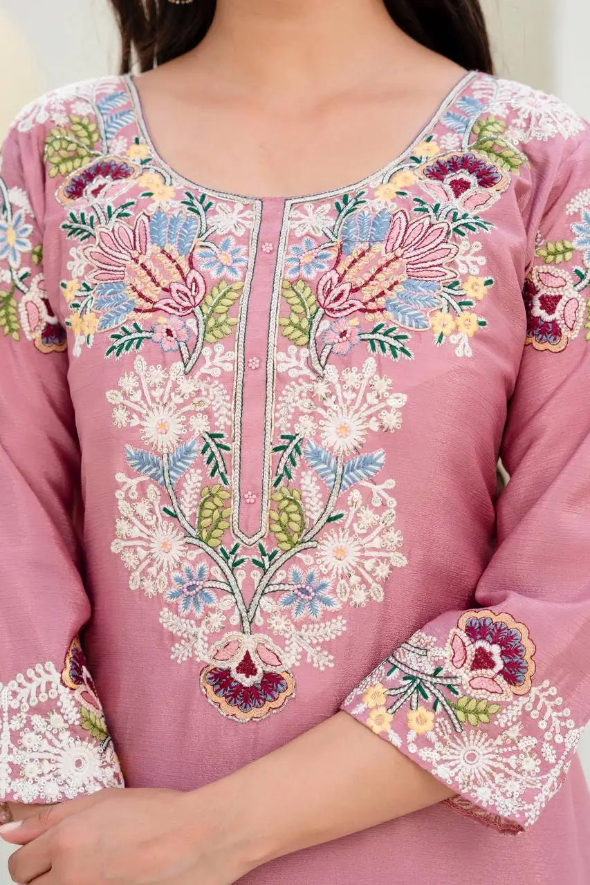 Dusty Pink & Lavender Chinon Embroidered Palazzo Suit Set with Zardosi Hand Work Dupatta