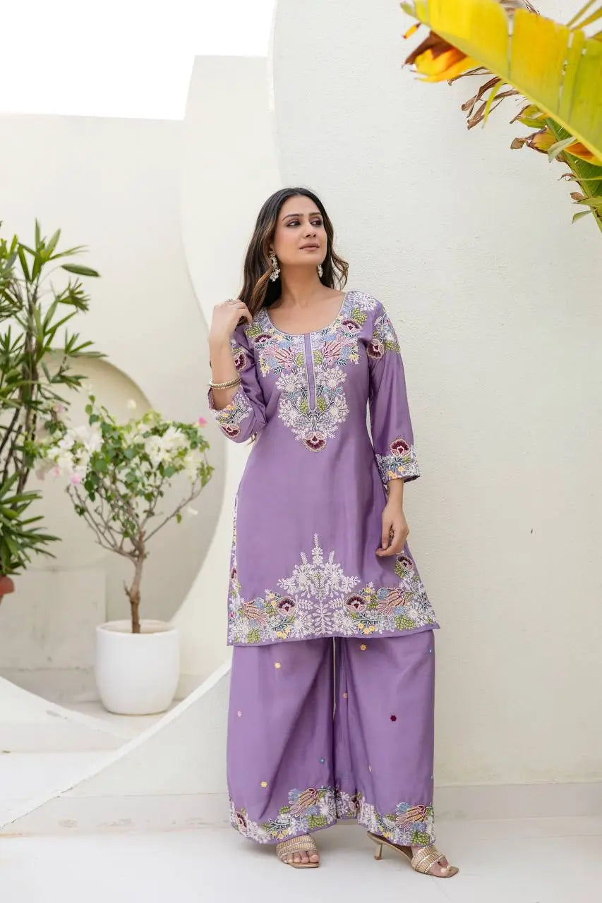 Dusty Pink & Lavender Chinon Embroidered Palazzo Suit Set with Zardosi Hand Work Dupatta
