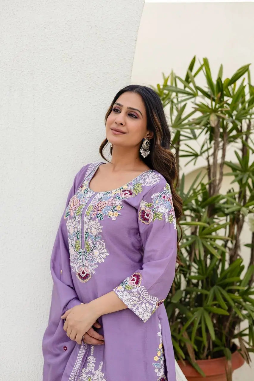 Dusty Pink & Lavender Chinon Embroidered Palazzo Suit Set with Zardosi Hand Work Dupatta