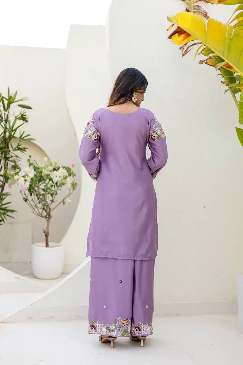 Dusty Pink & Lavender Chinon Embroidered Palazzo Suit Set with Zardosi Hand Work Dupatta