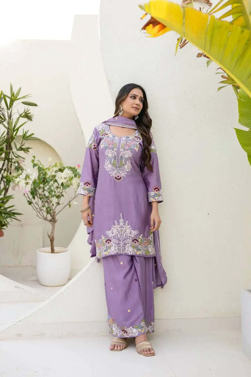 Dusty Pink & Lavender Chinon Embroidered Palazzo Suit Set with Zardosi Hand Work Dupatta