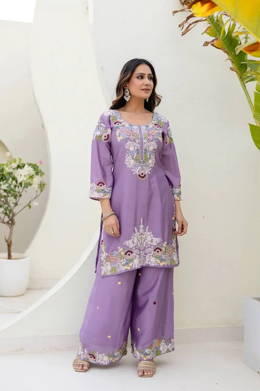 Dusty Pink & Lavender Chinon Embroidered Palazzo Suit Set with Zardosi Hand Work Dupatta