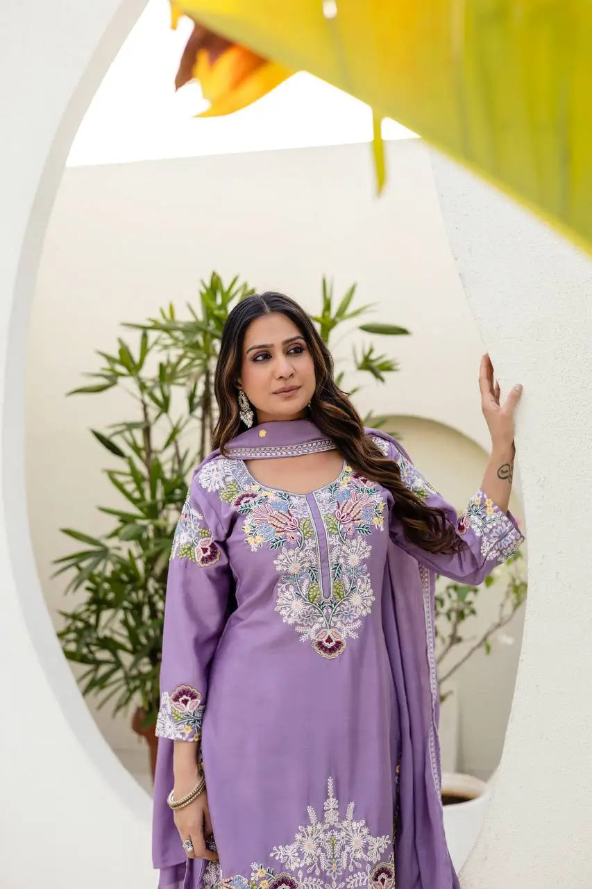 Dusty Pink & Lavender Chinon Embroidered Palazzo Suit Set with Zardosi Hand Work Dupatta
