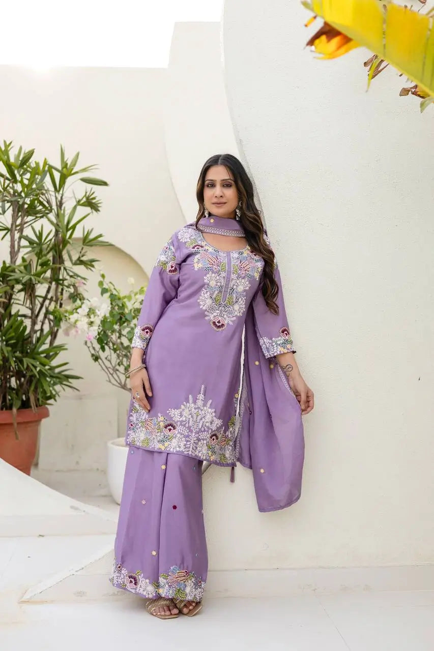 Dusty Pink & Lavender Chinon Embroidered Palazzo Suit Set with Zardosi Hand Work Dupatta