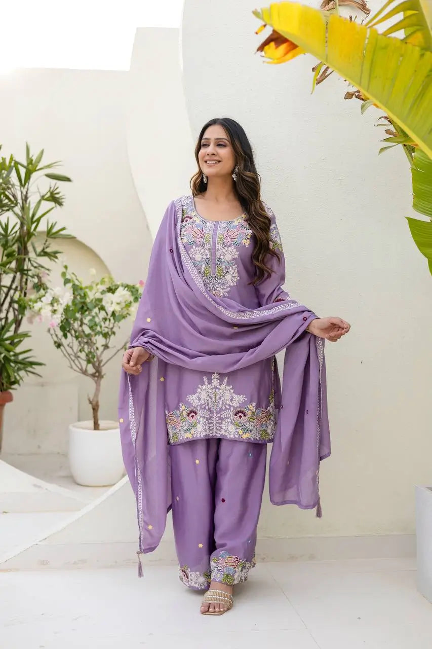 Dusty Pink & Lavender Chinon Embroidered Palazzo Suit Set with Zardosi Hand Work Dupatta