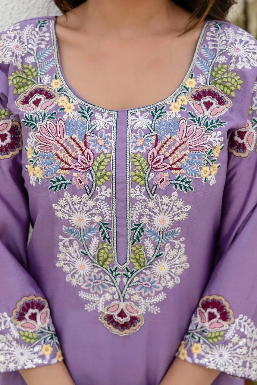 Dusty Pink & Lavender Chinon Embroidered Palazzo Suit Set with Zardosi Hand Work Dupatta