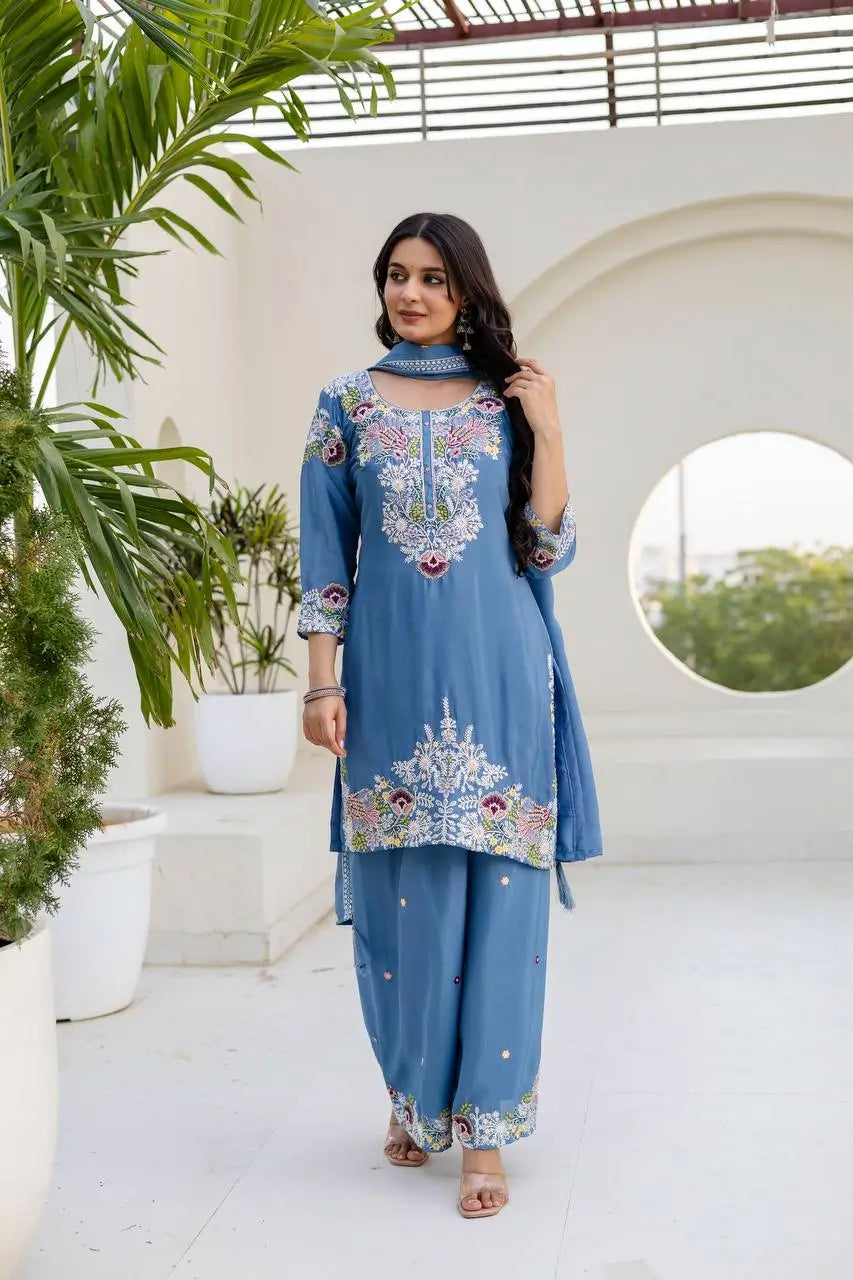 Dusty Pink & Lavender Chinon Embroidered Palazzo Suit Set with Zardosi Hand Work Dupatta
