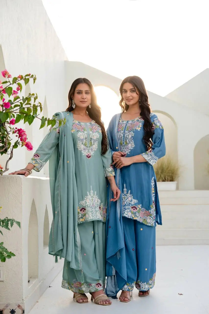 Dusty Pink & Lavender Chinon Embroidered Palazzo Suit Set with Zardosi Hand Work Dupatta