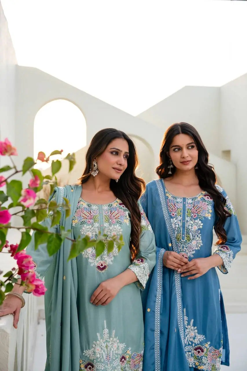 Dusty Pink & Lavender Chinon Embroidered Palazzo Suit Set with Zardosi Hand Work Dupatta