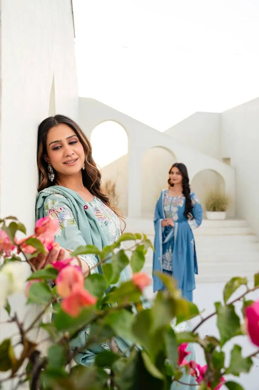 Dusty Pink & Lavender Chinon Embroidered Palazzo Suit Set with Zardosi Hand Work Dupatta