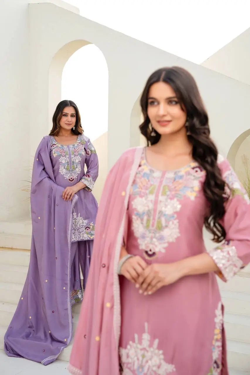 Dusty Pink & Lavender Chinon Embroidered Palazzo Suit Set with Zardosi Hand Work Dupatta