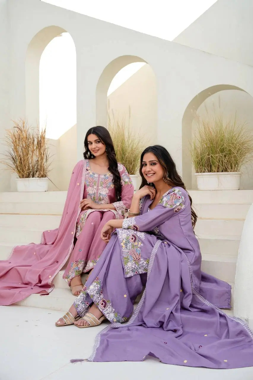 Dusty Pink & Lavender Chinon Embroidered Palazzo Suit Set with Zardosi Hand Work Dupatta