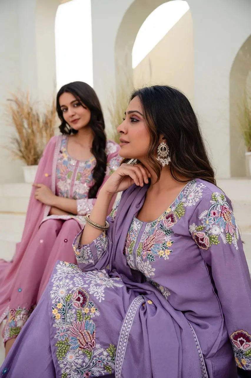 Dusty Pink & Lavender Chinon Embroidered Palazzo Suit Set with Zardosi Hand Work Dupatta