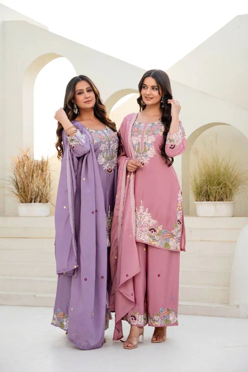 Dusty Pink & Lavender Chinon Embroidered Palazzo Suit Set with Zardosi Hand Work Dupatta