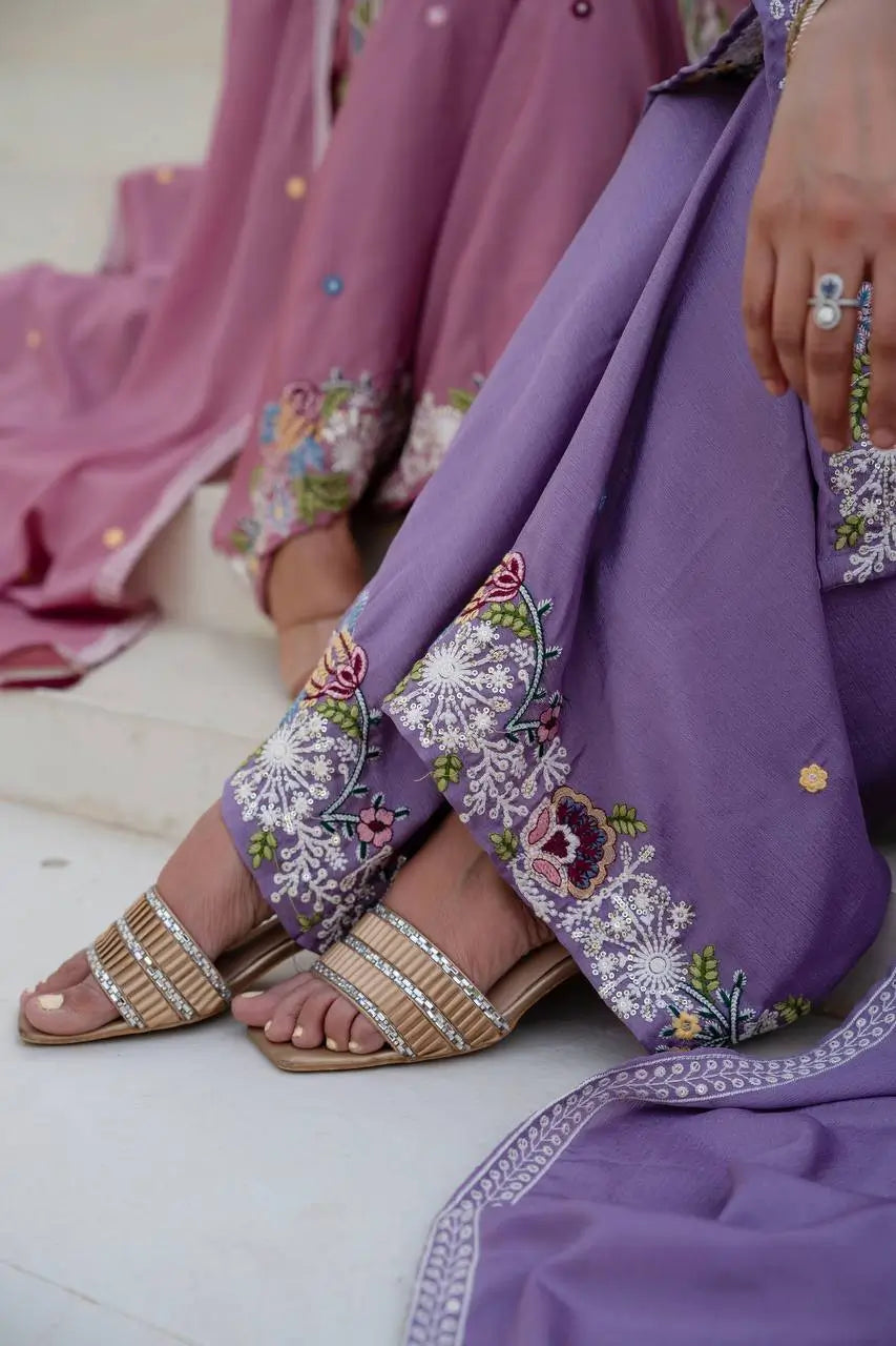 Dusty Pink & Lavender Chinon Embroidered Palazzo Suit Set with Zardosi Hand Work Dupatta