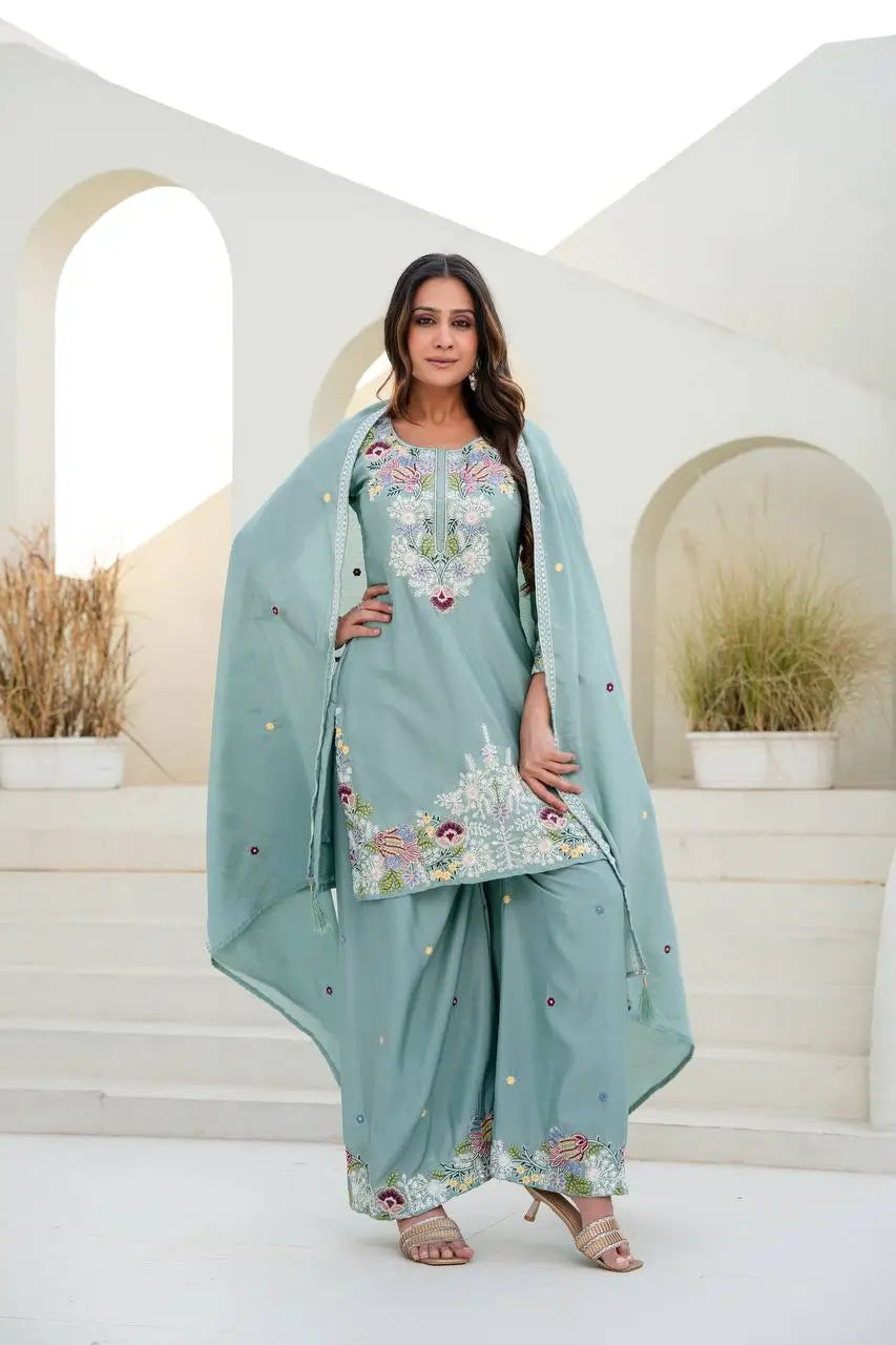 Dusty Pink & Lavender Chinon Embroidered Palazzo Suit Set with Zardosi Hand Work Dupatta