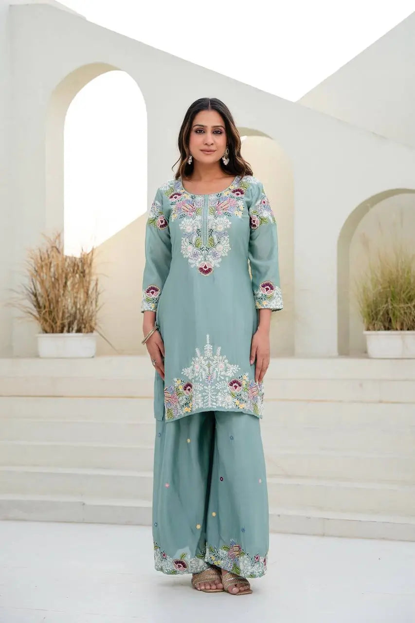 Dusty Pink & Lavender Chinon Embroidered Palazzo Suit Set with Zardosi Hand Work Dupatta