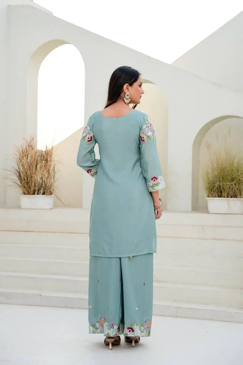 Dusty Pink & Lavender Chinon Embroidered Palazzo Suit Set with Zardosi Hand Work Dupatta