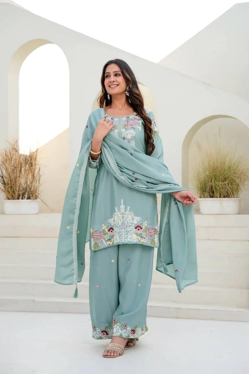 Dusty Pink & Lavender Chinon Embroidered Palazzo Suit Set with Zardosi Hand Work Dupatta