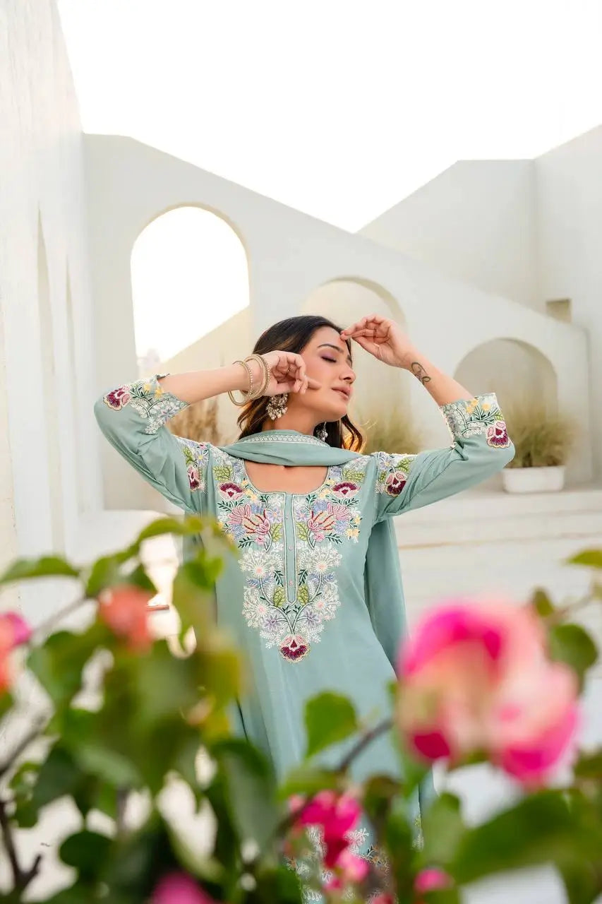 Dusty Pink & Lavender Chinon Embroidered Palazzo Suit Set with Zardosi Hand Work Dupatta