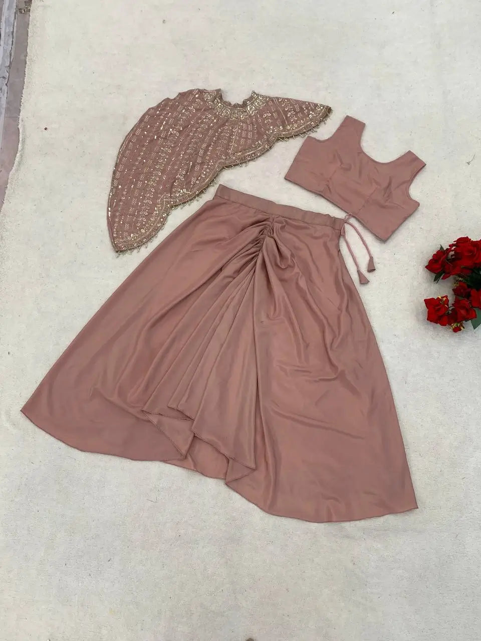 Dusty Rose Crepe Silk Dhoti Set with Sequins Embroidered Cape Koti & Plain Blouse