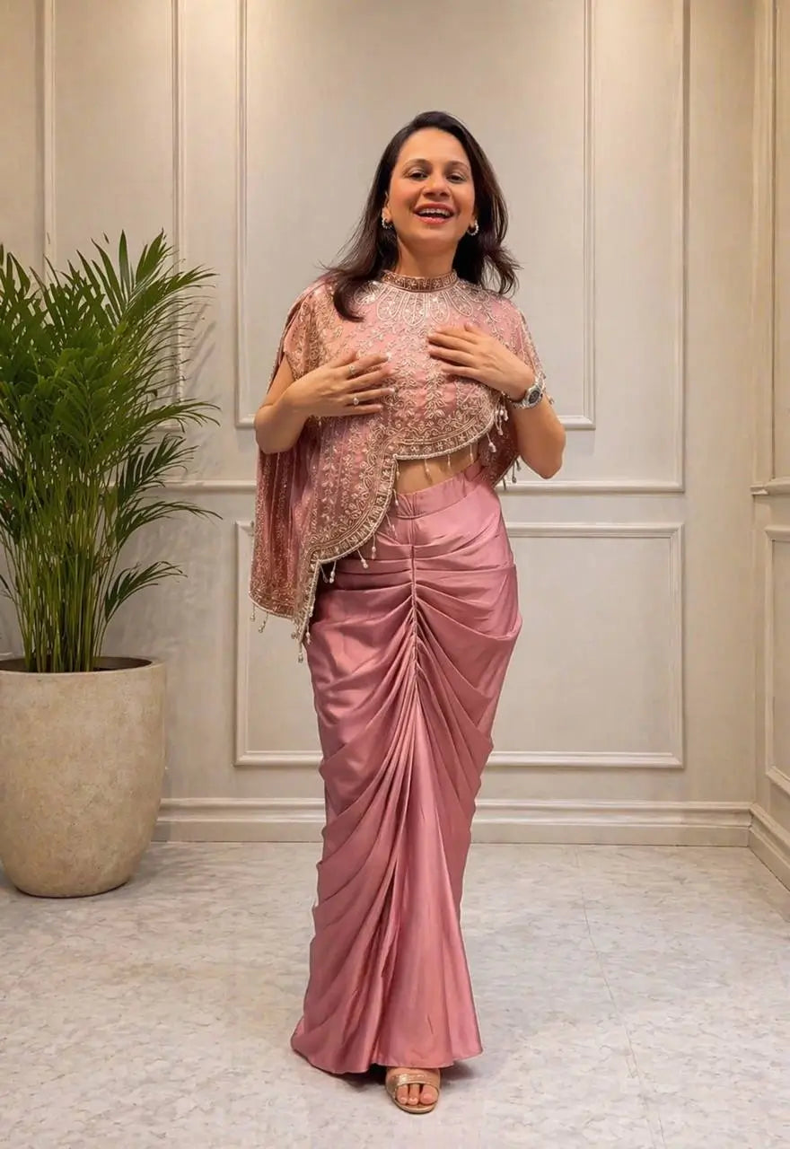Dusty Rose Crepe Silk Dhoti Set with Sequins Embroidered Cape Koti & Plain Blouse