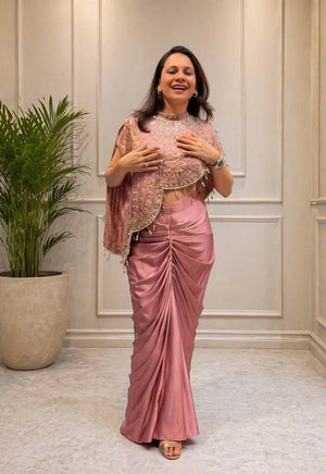 Dusty Rose Crepe Silk Dhoti Set with Sequins Embroidered Cape Koti & Plain Blouse