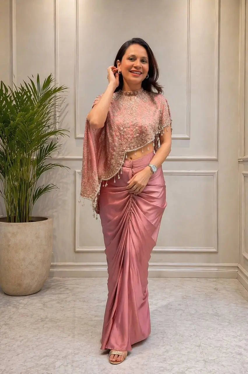 Dusty Rose Crepe Silk Dhoti Set with Sequins Embroidered Cape Koti & Plain Blouse