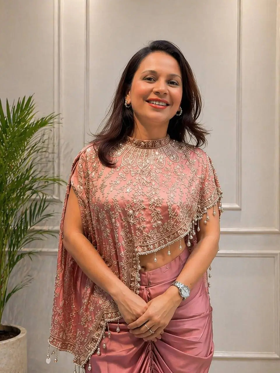 Dusty Rose Crepe Silk Dhoti Set with Sequins Embroidered Cape Koti & Plain Blouse