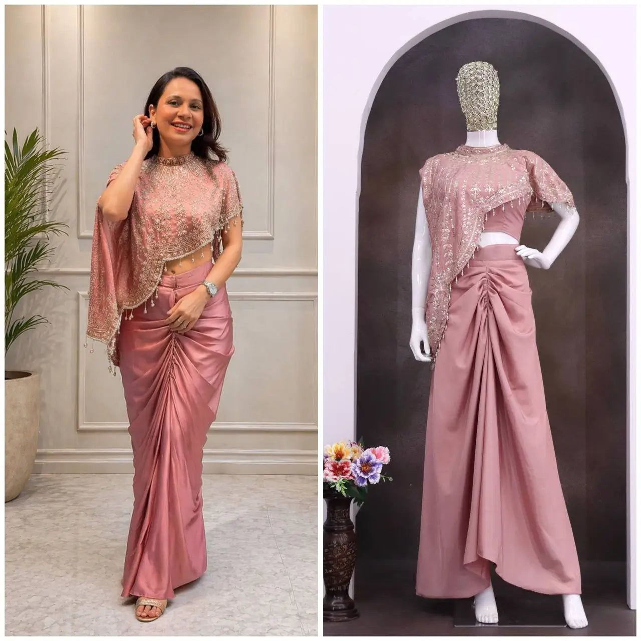 Dusty Rose Crepe Silk Dhoti Set with Sequins Embroidered Cape Koti & Plain Blouse