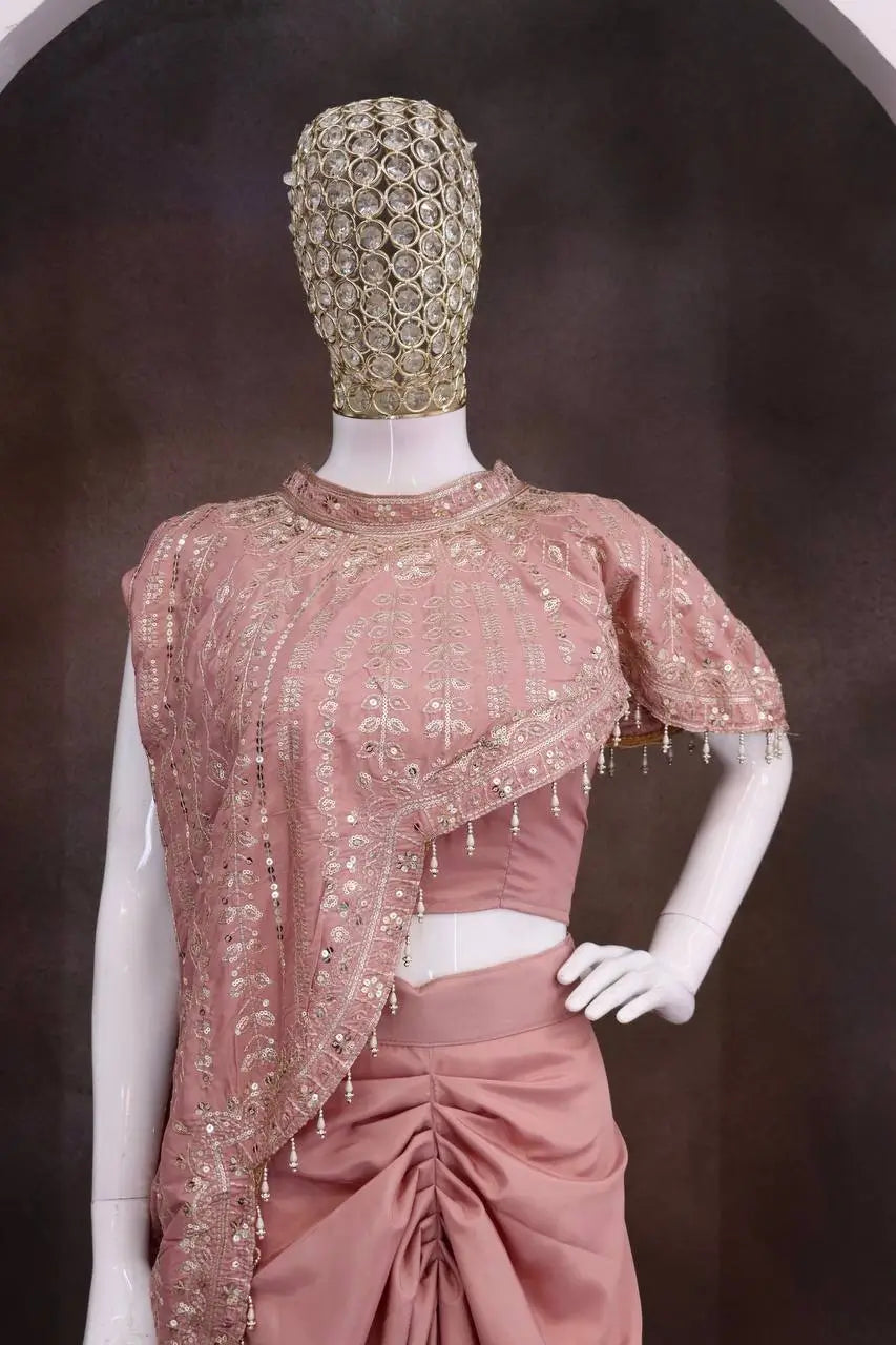 Dusty Rose Crepe Silk Dhoti Set with Sequins Embroidered Cape Koti & Plain Blouse