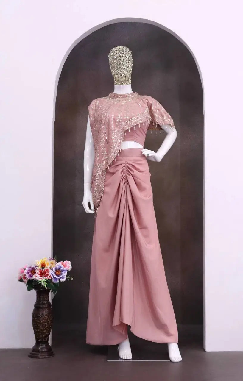 Dusty Rose Crepe Silk Dhoti Set with Sequins Embroidered Cape Koti & Plain Blouse