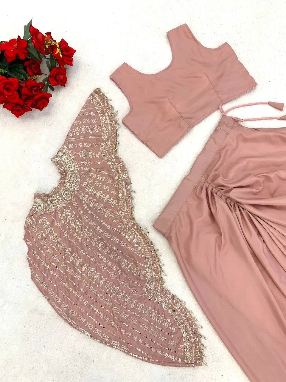 Dusty Rose Crepe Silk Dhoti Set with Sequins Embroidered Cape Koti & Plain Blouse