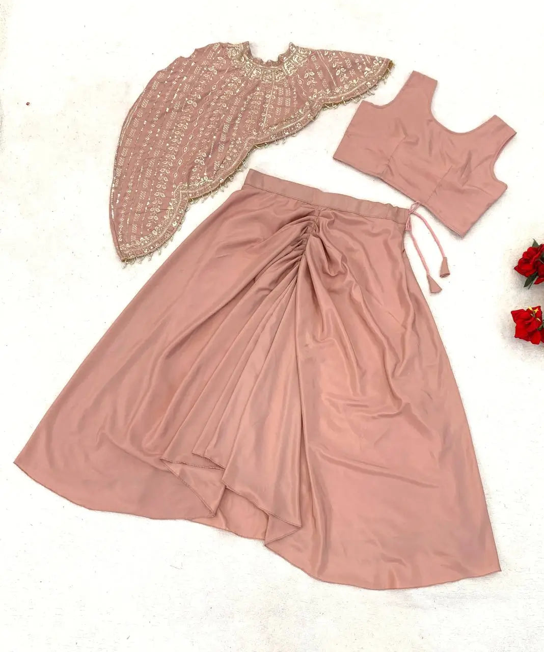 Dusty Rose Crepe Silk Dhoti Set with Sequins Embroidered Cape Koti & Plain Blouse