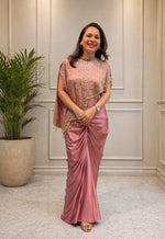 Dusty Rose Crepe Silk Dhoti Set with Sequins Embroidered Cape Koti & Plain Blouse
