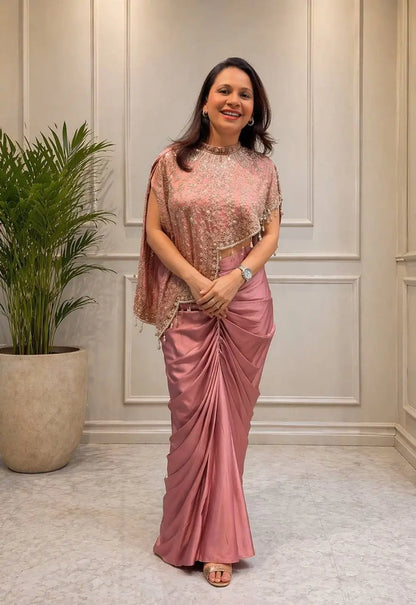 Dusty Rose Crepe Silk Dhoti Set with Sequins Embroidered Cape Koti & Plain Blouse