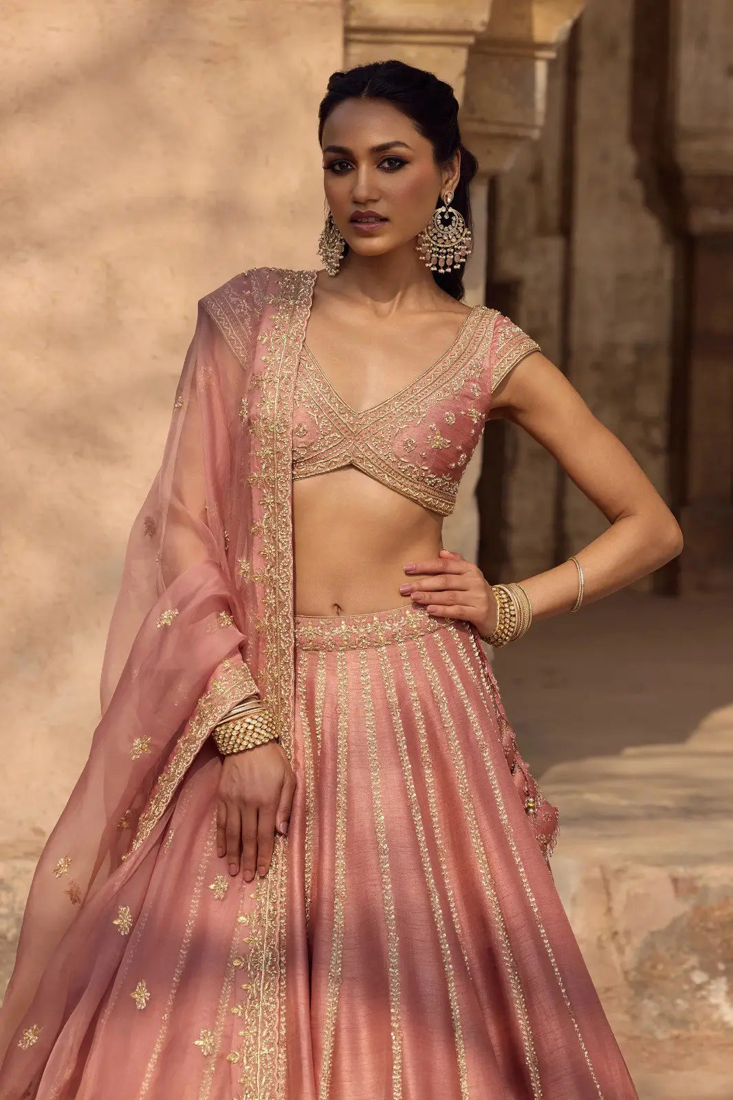 Dusty Rose Embroidered Lehenga Set for Wedding and Reception Wear