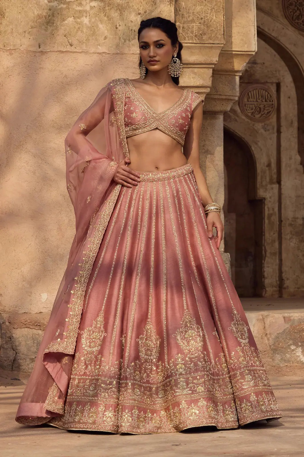 Dusty Rose Embroidered Lehenga Set for Wedding and Reception Wear