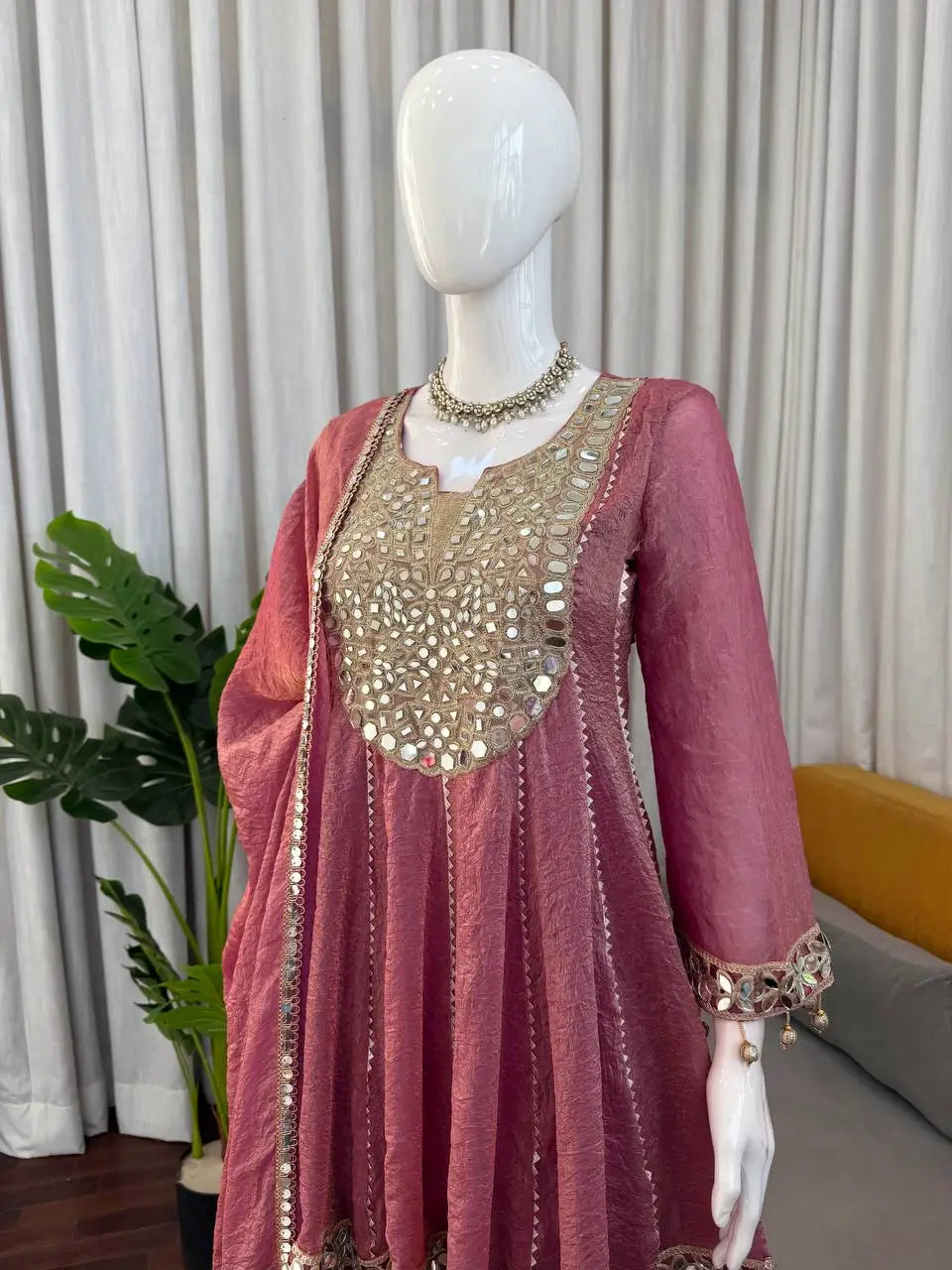 Dusty Rose Gold Crush Peplum Dhoti Set with Real Mirror Work and Fancy Latkan