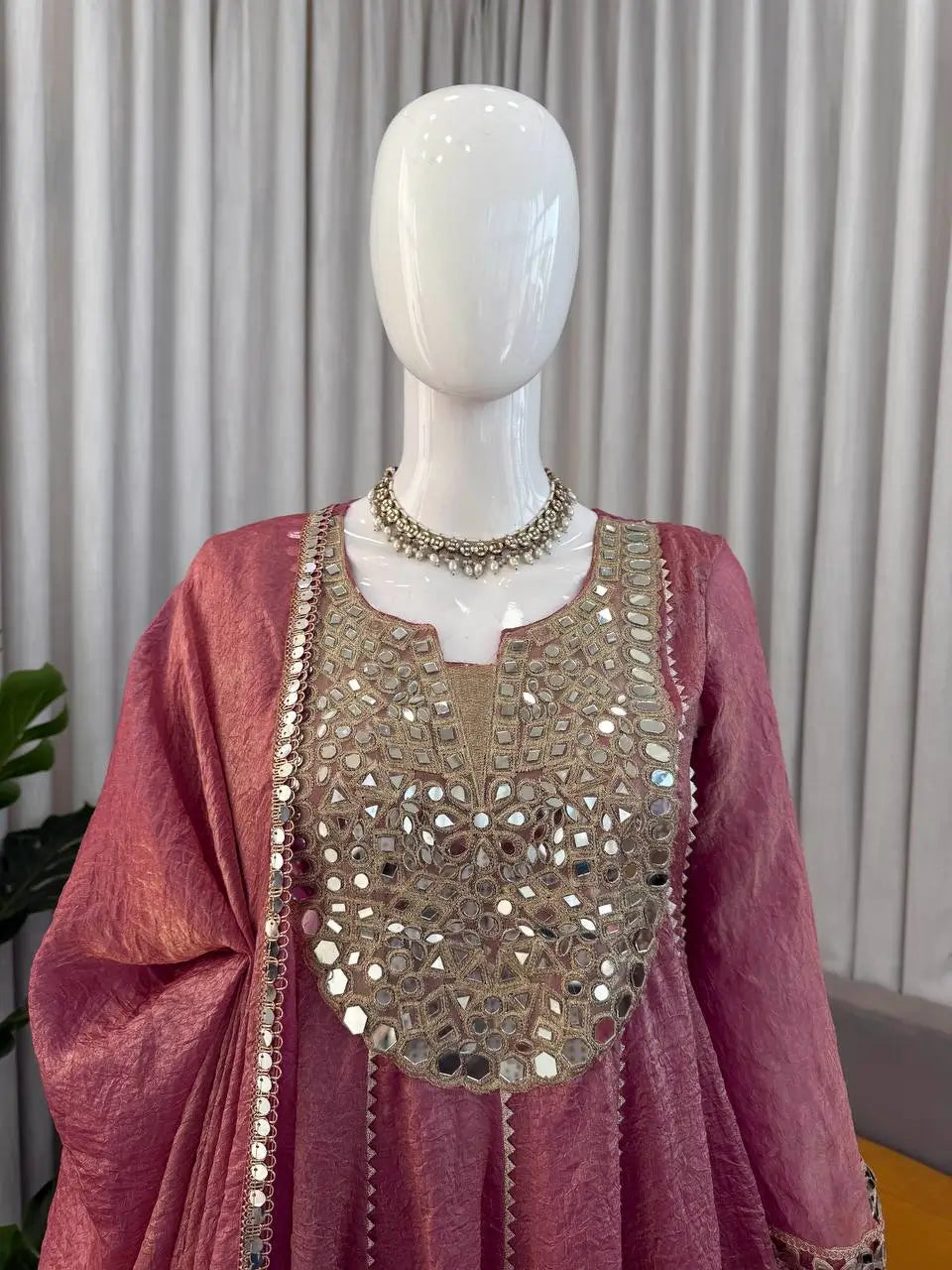 Dusty Rose Gold Crush Peplum Dhoti Set with Real Mirror Work and Fancy Latkan