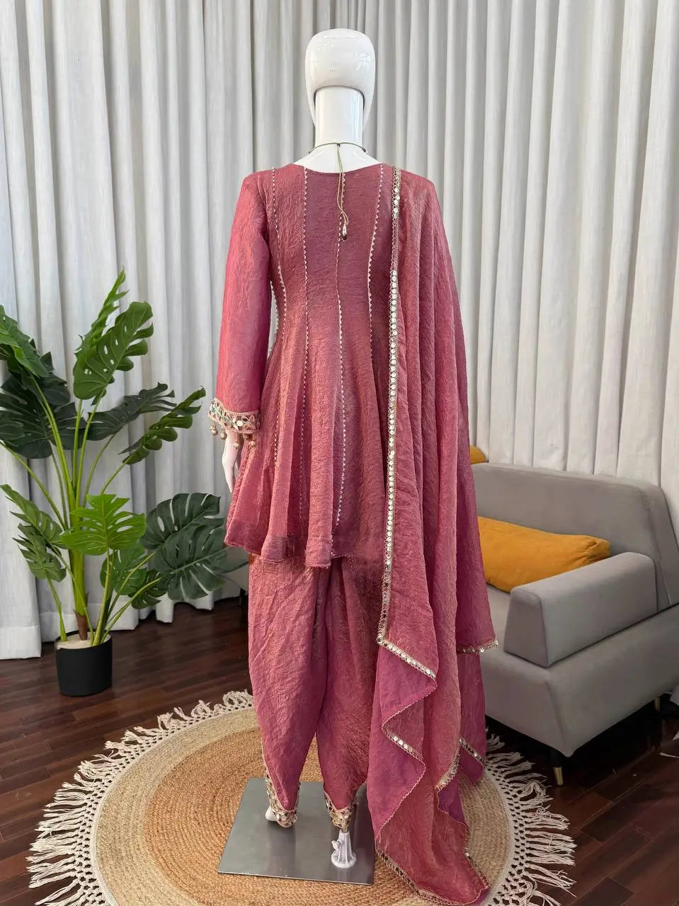 Dusty Rose Gold Crush Peplum Dhoti Set with Real Mirror Work and Fancy Latkan