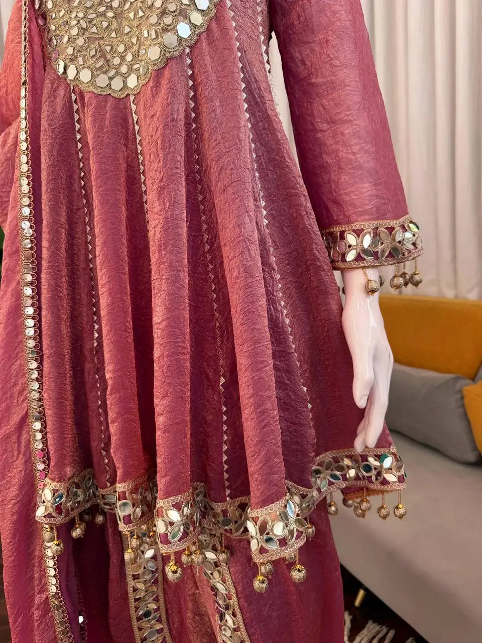 Dusty Rose Gold Crush Peplum Dhoti Set with Real Mirror Work and Fancy Latkan
