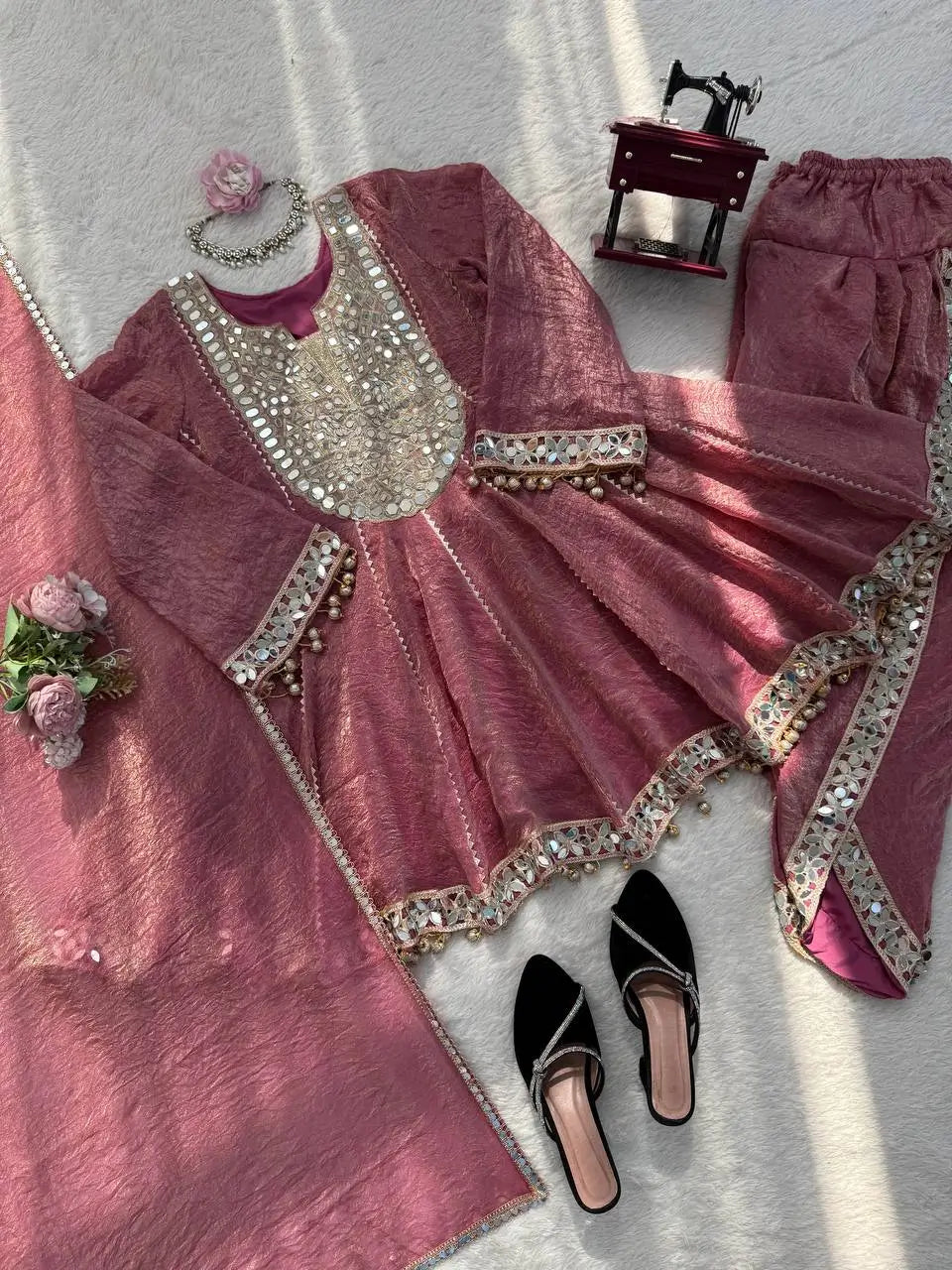 Dusty Rose Gold Crush Peplum Dhoti Set with Real Mirror Work and Fancy Latkan