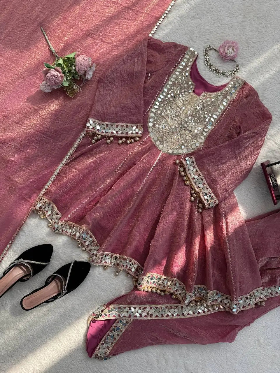Dusty Rose Gold Crush Peplum Dhoti Set with Real Mirror Work and Fancy Latkan