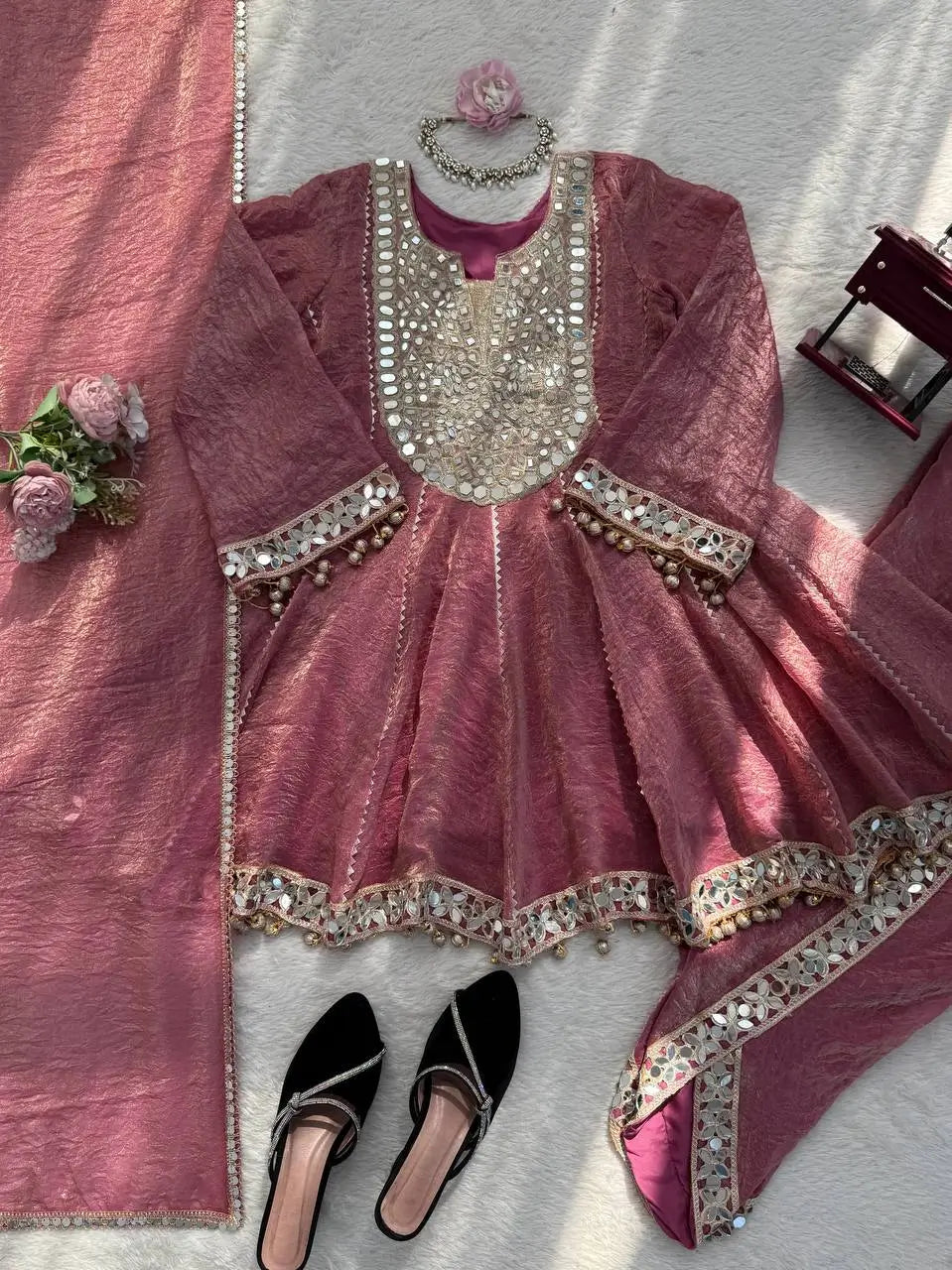 Dusty Rose Gold Crush Peplum Dhoti Set with Real Mirror Work and Fancy Latkan