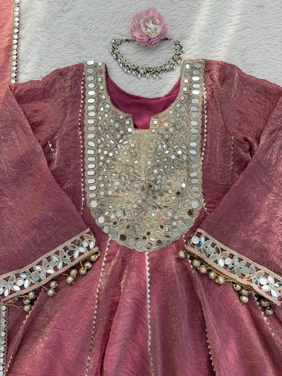 Dusty Rose Gold Crush Peplum Dhoti Set with Real Mirror Work and Fancy Latkan
