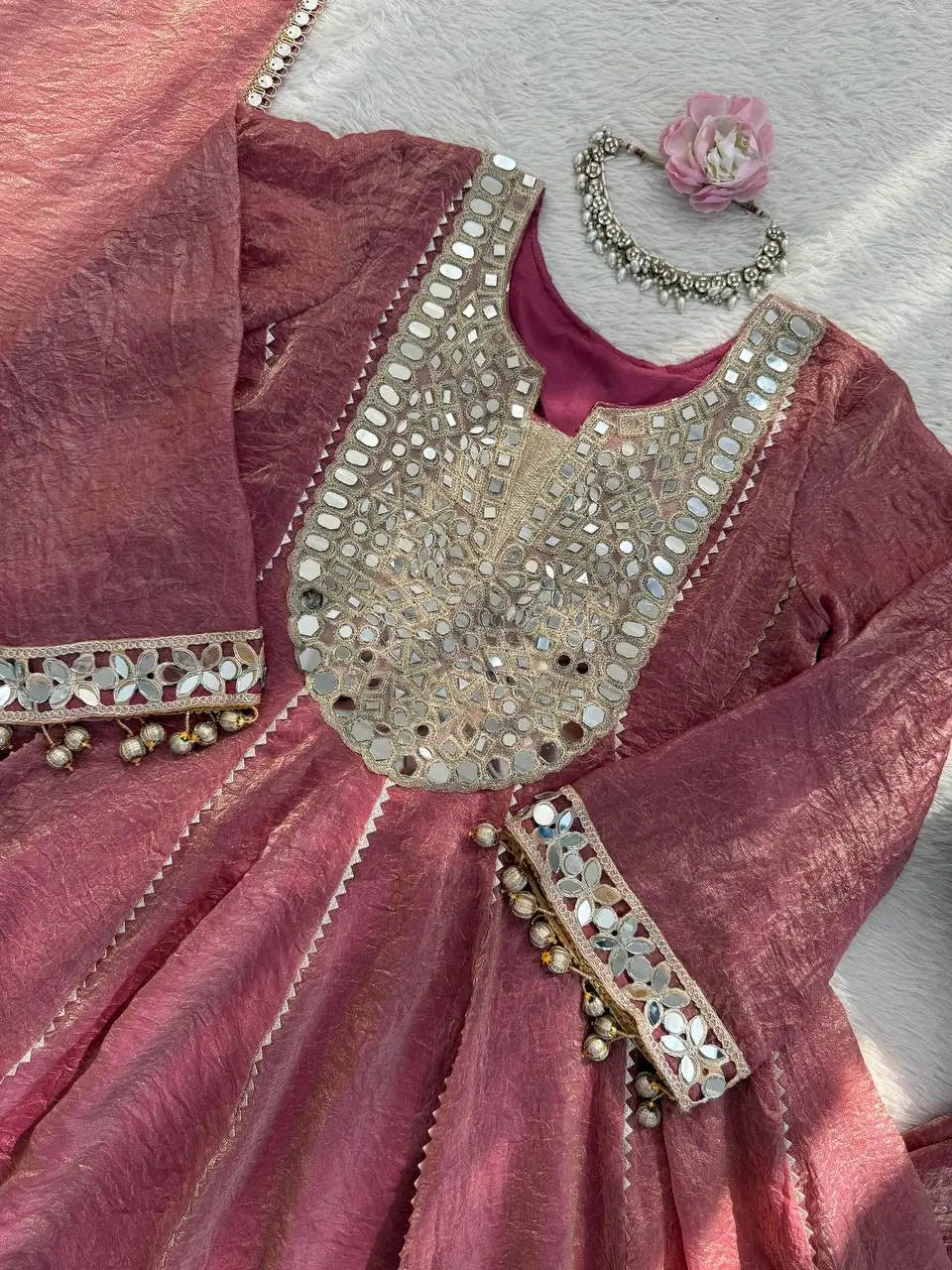 Dusty Rose Gold Crush Peplum Dhoti Set with Real Mirror Work and Fancy Latkan